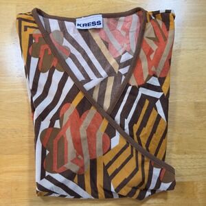 Kress Collection Brown Gold Print Wrap Vintage Top with Belt Short Sleeve Size S